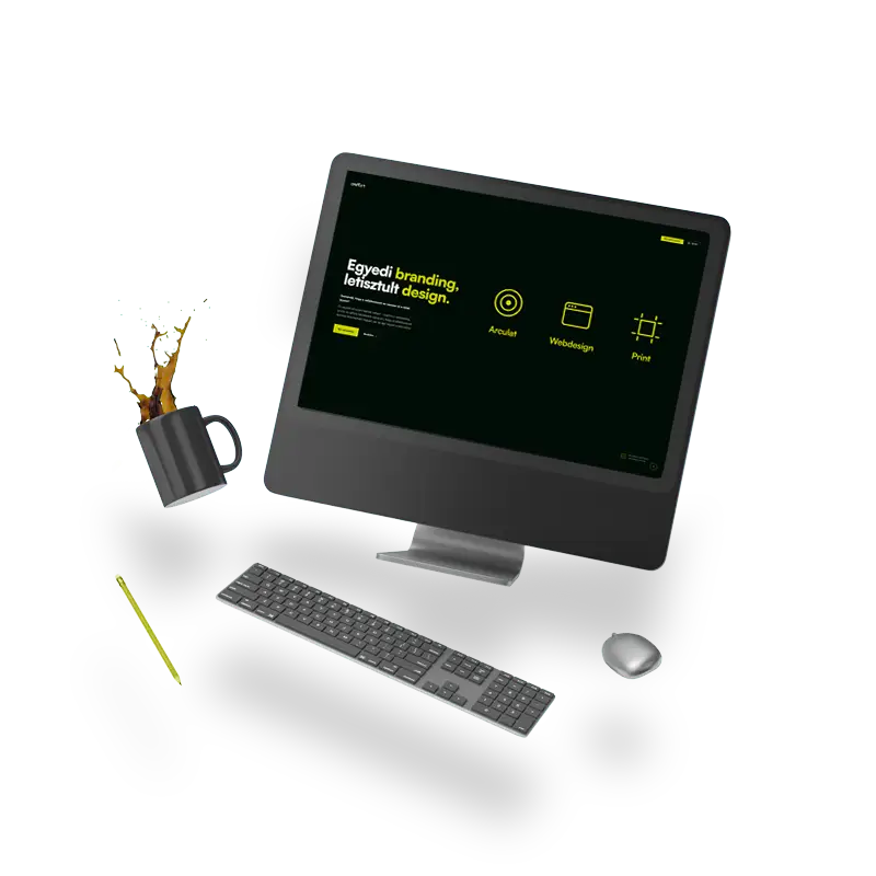 Lebegő asztali számítógép, billentyűzet és egér — webdesign illusztráció